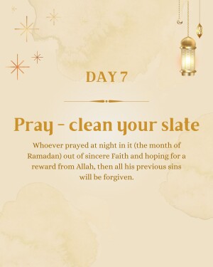 Ramadan Day 7 graphic with a lantern and text about prayer and forgiveness.