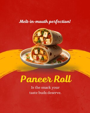 Close-up of a stacked Paneer Roll on a plate with a vibrant red and yellow background.
