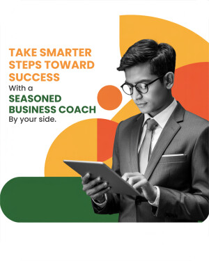 Man with tablet and business coaching graphic
