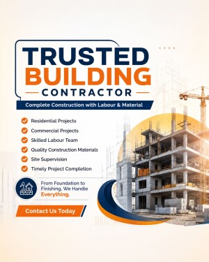A construction company advertisement flyer titled Trusted Building Contractor featuring a building under construction and a list of services.