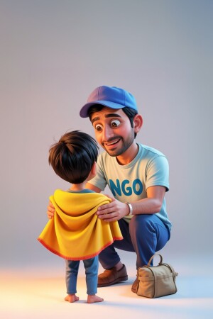 A heartwarming illustration of a father crouching down to embrace his young son.