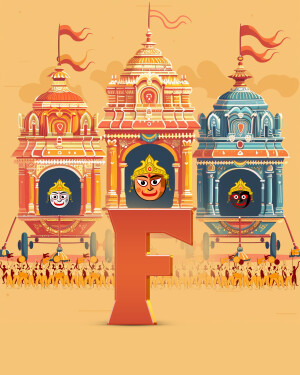 Illustration of Rath Yatra chariots with a large letter F in the foreground