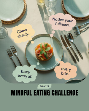 Overhead shot of a plate with a colorful salad, surrounded by cutlery and thought bubbles promoting mindful eating.