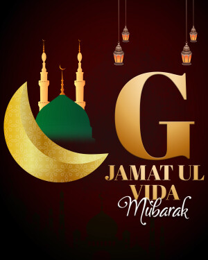 Islamic greeting card with crescent moon, mosque, and text 'Jamat Ul Vida Mubarak'