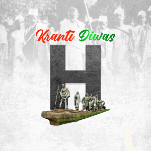Image commemorating Krant Diwas with Mahatma Gandhi and historical figures.