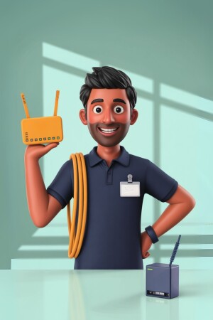 Cartoon illustration of a smiling internet technician holding a router and cable.
