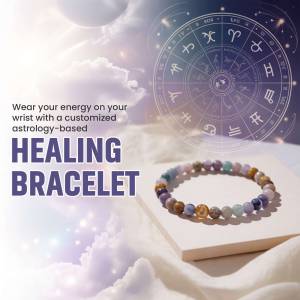 A healing bracelet with gemstones, displayed with astrological symbols and clouds.