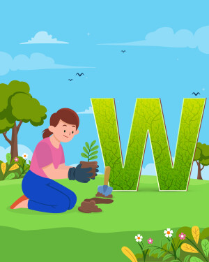 Illustration of a girl planting a seedling next to a large letter W made of leaves.