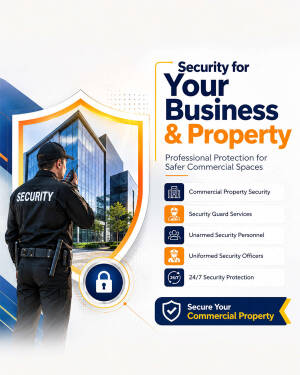 A security guard standing in front of a modern commercial building, highlighting professional property protection services.