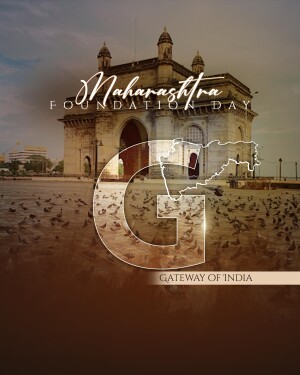 Maharashtra Foundation Day greeting with the Gateway of India and map of Maharashtra