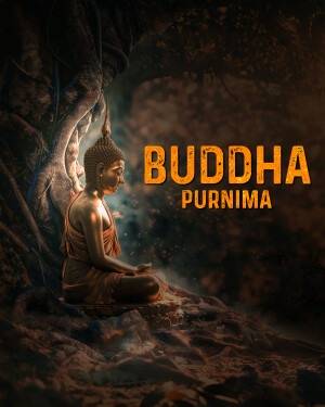 Image of Buddha meditating under a tree with the text 'Buddha Purnima'