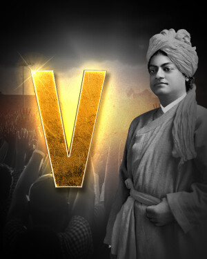 Portrait of Swami Vivekananda with a golden letter V