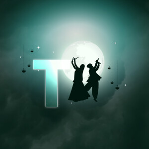 Silhouette of people performing Garba dance in front of a full moon