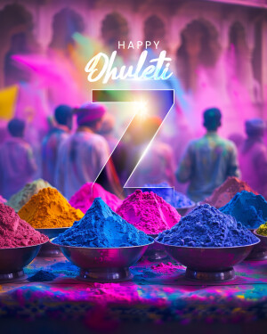 Colorful Holi celebration with piles of powder and the number 7