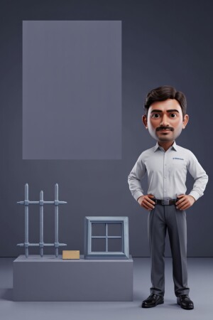3D rendering of a man in business casual attire standing near architectural models.