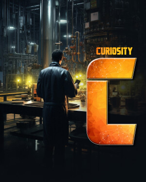A man in a dark suit stands in a complex industrial setting, looking at a glowing device with a large orange 'C' logo.
