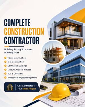 Professional construction contractor advertising flyer showcasing modern building designs and a construction hard hat