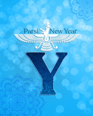 Parsi New Year Nowruz greeting with Faravahar symbol and letter Y