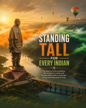 The Statue of Unity standing tall against a sunrise sky with hot air balloons and Indian national flag colors.