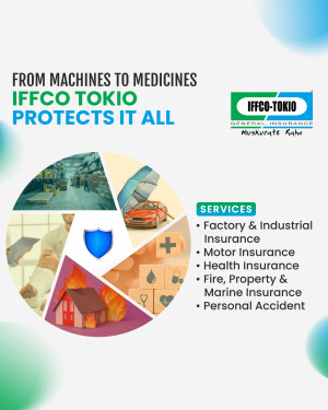 IFFCO Tokio Insurance advertisement showcasing coverage for factories, vehicles, health, and property.