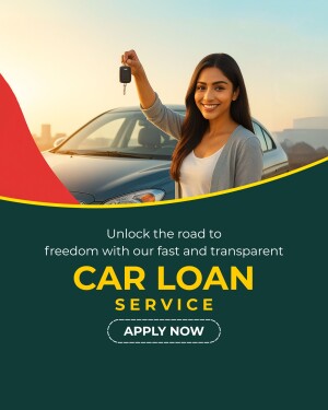 Woman holding car keys with a car in the background and text promoting car loan services.