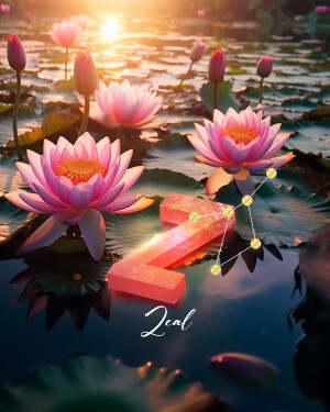 Pink lotus flowers floating on water with a glowing 'Zen' symbol