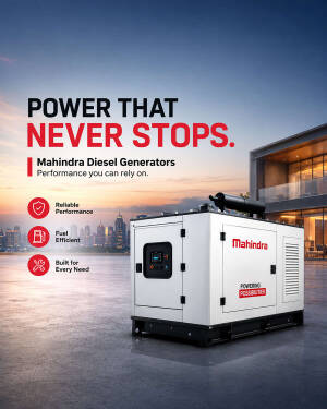 Mahindra diesel generator for reliable power supply with a city skyline background