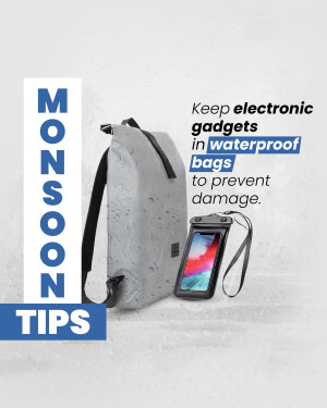 Gray backpack and smartphone in waterproof case with monsoon tips text