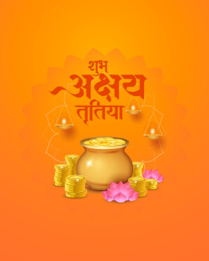 Akshaya Tritiya festive image with gold coins, pot, and lotus flowers