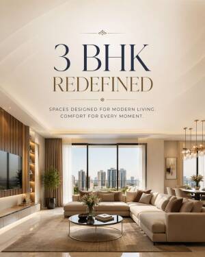 Modern 3 BHK living room interior with stylish sofa, wooden panels, and city view window