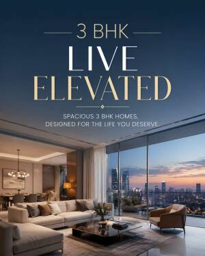 Modern 3 BHK living room with city view at sunset
