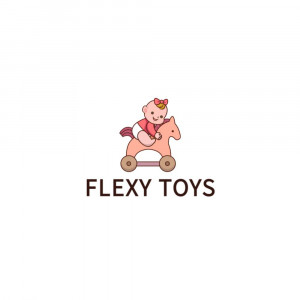 Logo of Flexy Toys featuring a baby riding a wooden rocking horse