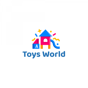 Colorful logo for a toy store called Toys World featuring a house, slide, and stars.