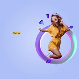 Happy Woman Jumping Through Neon Ring Marketing Image For Facebook