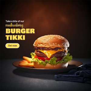 Mouthwatering Burger Tikki Advertisement Promotional Banner For WhatsApp