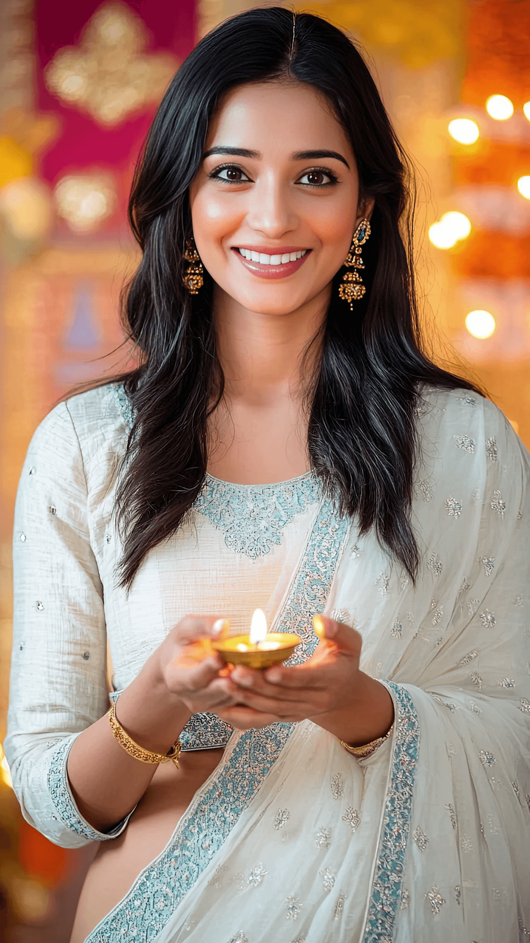 Young Indian Woman Holding Diya For Diwali Image For Telegram