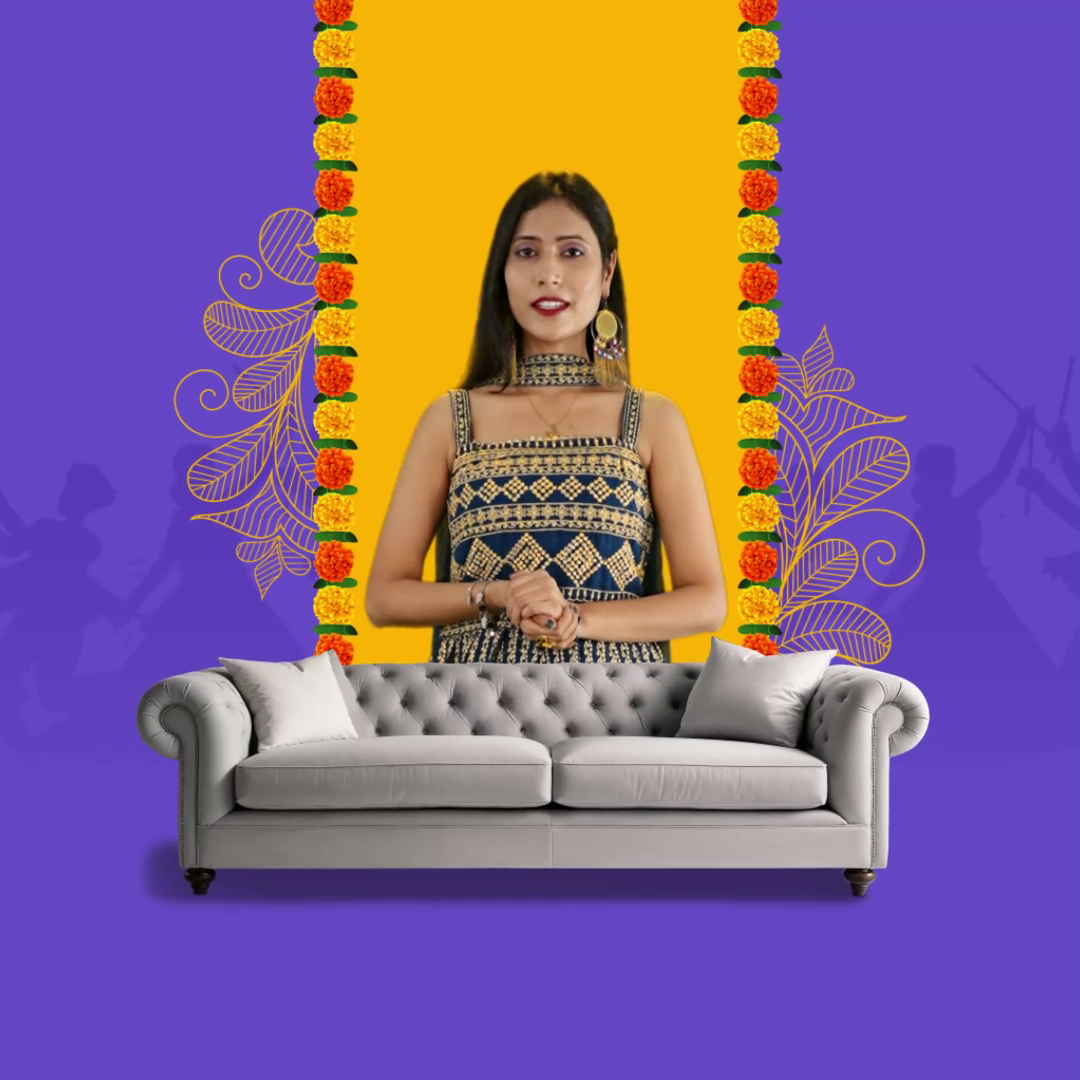 Indian Festival Decorative Backdrop With Woman And Sofa Flyer For LinkedIn