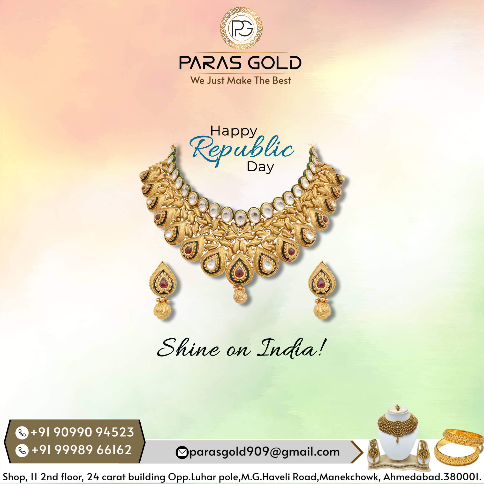 Greetings from PARAS GOLD  
 Republic Day Business Post #republicday #republicdaypost #republicdayposter #republicdaypostermaker #republicdayflyer #republicdayimages #republicdaywishestemplate #republicdaybanner #republicdayinstastory #republicdayvideos #republicdayofferstemplates #republicdayphoto #India #ProudIndian #JaiHind #26thJanuary #IndianRepublicDay #VandeMataram #Tricolor #ConstitutionDay #RepublicDayParade #NationalPride #UnityInDiversity #SaluteToSoldiers